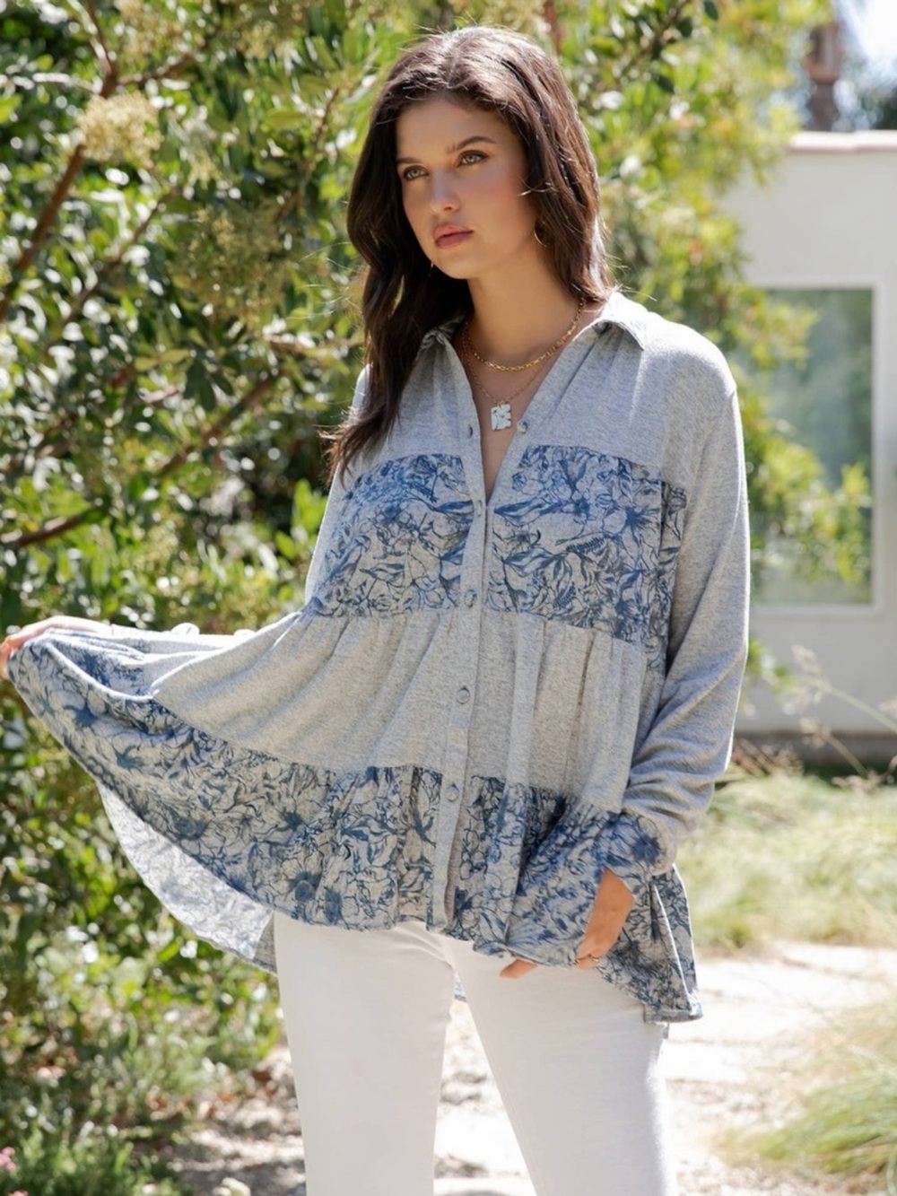 49. NWT Young Threads Gray Button Front Knit Tunic with Blue Floral Panels